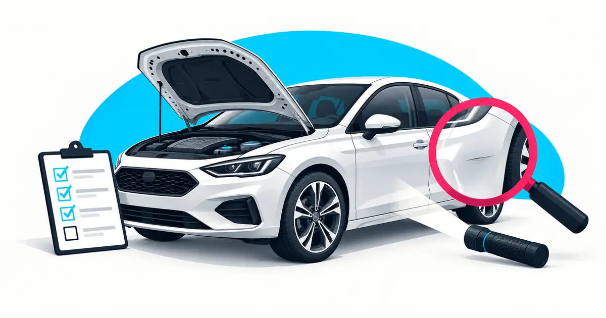 Una persona revisa un coche eléctrico usado con el capó abierto y una lista de comprobación.